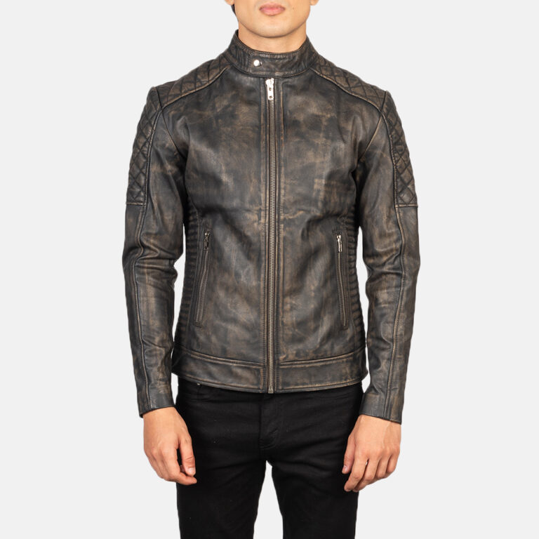 Mens Fernando Quilted Distressed Brown Leather Biker Jacket Close Front-5-1634129096724